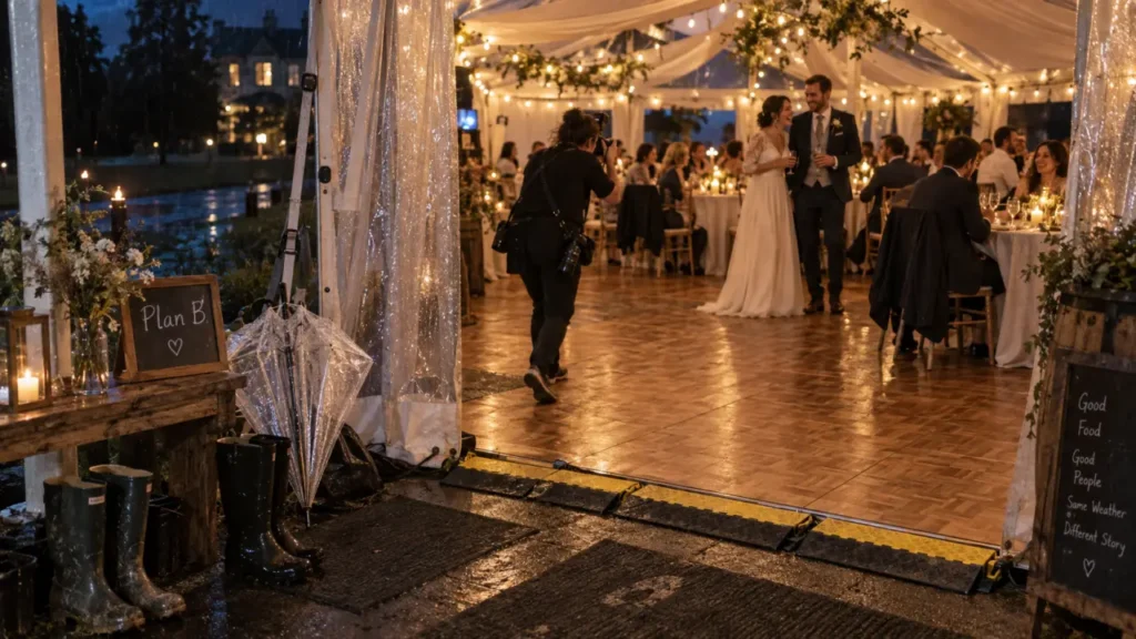 Mariage sous la pluie : un plan B bien préparé protège vos invités et vos photos